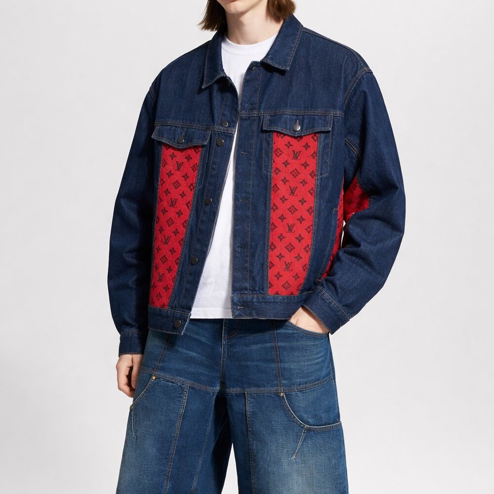 Dark blue denim jacket featuring Upcycled Louis Vuitton monogram fabric